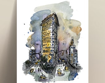 Flatiron Watercolor Drawing, Reproduction of hand-drawn art, size 9"x12", Framed/unframed print