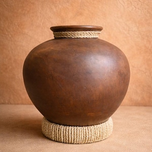 Maceta de barro lisa con base. Maceta de barro mexicana artesanal con base. Jarrón rústico de terracota. Decoración de cerámica artesanal.
