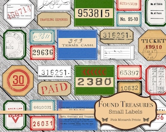 Found Treasure Labels, Junk Journal Supplies, Vintage Ephemera, Junk Journal Ephemera, Digital Download, Junk Journal Printable, Labels