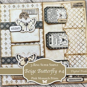 Neutral Butterflies #4: 3-Ring Super Simple, Folio, Junk Journal, Digital, Printable,  Supplies, Mini Pockets, Envelopes, Flips, Tags, Easy!