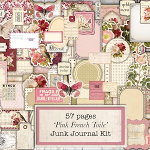 May include: A collage of vintage-style ephemera in pink, cream, and burgundy tones. Includes butterflies, floral elements, tags, and labels. The text "57 pages 'Pink French Toile' Junk Journal Kit" is displayed prominently.