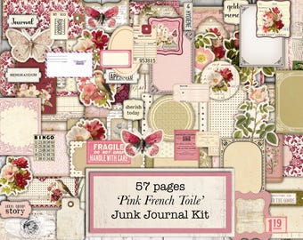 Pink French Toile, Printable Kit, 57 Pages, Junk Journal Scrapbooking Kit May 2026