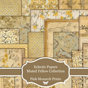 Collection de papiers éclectiques Muted Yellow, Papiers imprimables, Journal numérique de déchets, Papiers de scrapbooking, Impressions monarque rose, Journal de déchets jaune