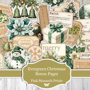 Evergreen Christmas Bonus Pages, Digital, Grün, Weihnachten, bedruckbar, Junk Journal Kit, Junk Journaling Digitals, Weihnachten Junk Journal