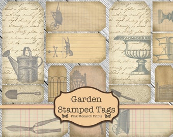 May include: A set of vintage-style garden themed printable tags. The tags feature images of gardening tools, a watering can, a wheelbarrow, a fence, and a planter. The text "Garden Stamped Tags" and "Pink Monarch Prints" is included on the tags.