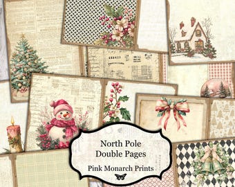 May include: A collage of vintage-style Christmas-themed ephemera. Elements include a decorated Christmas tree, a snowman in a pink hat and scarf, a candle, a snow-covered house, and floral accents. The text "North Pole Double Pages Pink Monarch Prints" is displayed.