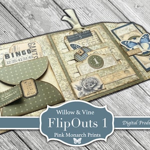 Willow And Vine FlipOuts #1, Mini Folio para Junk Journaling, Idea de Página, Kit, Pink Monarch Prints, Kit Digital