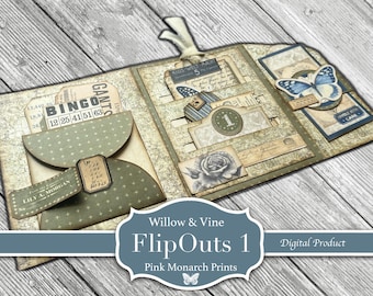 Willow And Vine FlipOuts #1, Junk Journaling Mini Folio, Page Idea, Kit, Pink Monarch Prints, Digital Kit