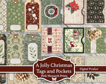 A Jolly Christmas Tags and Pockets, 4 Pages, Junk Journal and Scrapbooking, Christmas, Printable, Digital