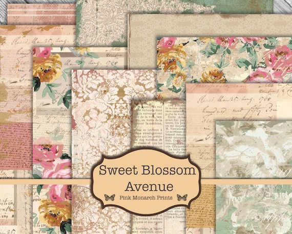 Sweet Blossom Avenue Papers, Junk Journal Kit, Junk Journaling Digital Papers, Shabby Chic Journal, Printable Papers, Junk Journal Digital