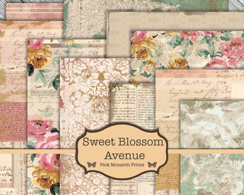 May include: A digital paper pack with 10 vintage-style papers featuring floral patterns, handwritten text, and a faded background. The papers are titled "Sweet Blossom Avenue" and "Pink Monarch Prints".