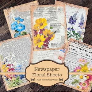 Newspaper Floral Sheets, Shabby Chic Papers, Junk Journal Kit, Digital Junk Journaling, Shabby Chic Junk Journal, Printable, Floral Ephemera
