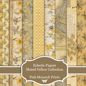 May include: A digital collage of 10 muted yellow and cream patterned papers with a title card that reads "Eclectic Papers Muted Yellow Collection Pink Monarch Prints".
