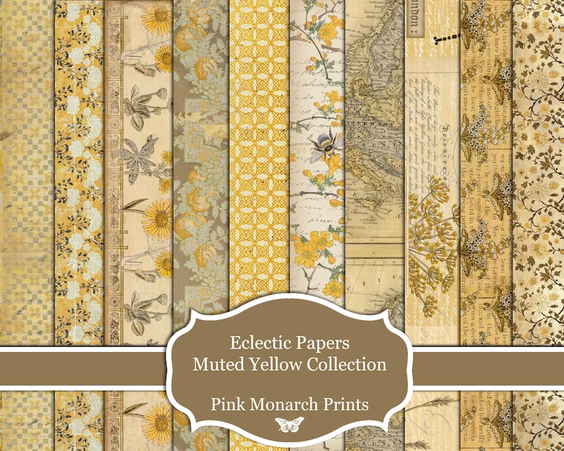 May include: A digital collage of 10 muted yellow and cream patterned papers with a title card that reads "Eclectic Papers Muted Yellow Collection Pink Monarch Prints".