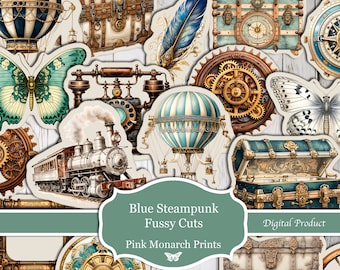 Blauwe Steampunk pietluttige sneden, vintage, digitaal, junkjournaal, afdrukbaar, junkjournal pietluttig sneden, plakboek, benodigdheden, kit voor junkjournal