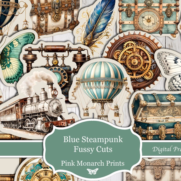 Découpes difficiles Steampunk bleu, vintage, numérique, journal indésirable, imprimable, journal indésirable Découpes difficiles, scrapbooking, fournitures, kit de journal indésirable