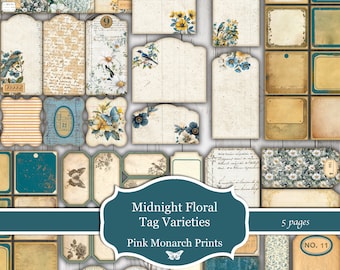 Midnight Floral Tag Varieties, Printable Papers, Digital Junk Journal, Floral, Junk Journal, Junk Journal Kit, Junk Journal Tags, Digital Ta