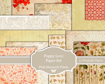 Poppy Love Papers, Junk Journal Kit, Digital Junk Journal, Junk Journaling Digital Papers, Junk Journal, Printable Papers, Spring, Floral