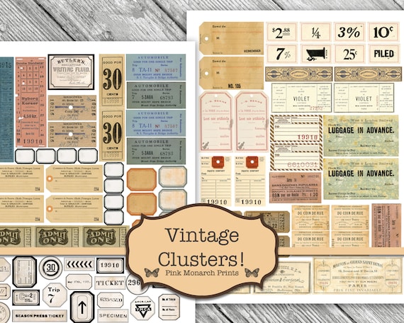 Vintage Clusters, Junk Journal Supplies, Vintage Ephemera, Junk Journal Ephemera, Digital Download, Junk Journal Printable, Vintage Tickets