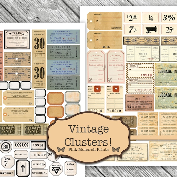 Vintage Clusters, Junk Journal Zubehör, Vintage Ephemera, Junk Journal Ephemera, digitaler Download, Junk Journal druckbare, Vintage Tickets