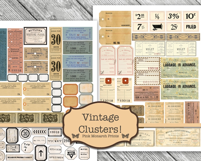 Puede incluir: Una colecci&oacute;n de etiquetas y etiquetas imprimibles de estilo vintage con varios dise&ntilde;os y textos. Las etiquetas son en tonos de marr&oacute;n, azul, rojo y blanco. Algunos de los textos incluyen "Autom&oacute;vil", "Bueno para 30 centavos", "Equipaje por adelantado", "Du Coin de Rue" y "Pink Monarch Prints".