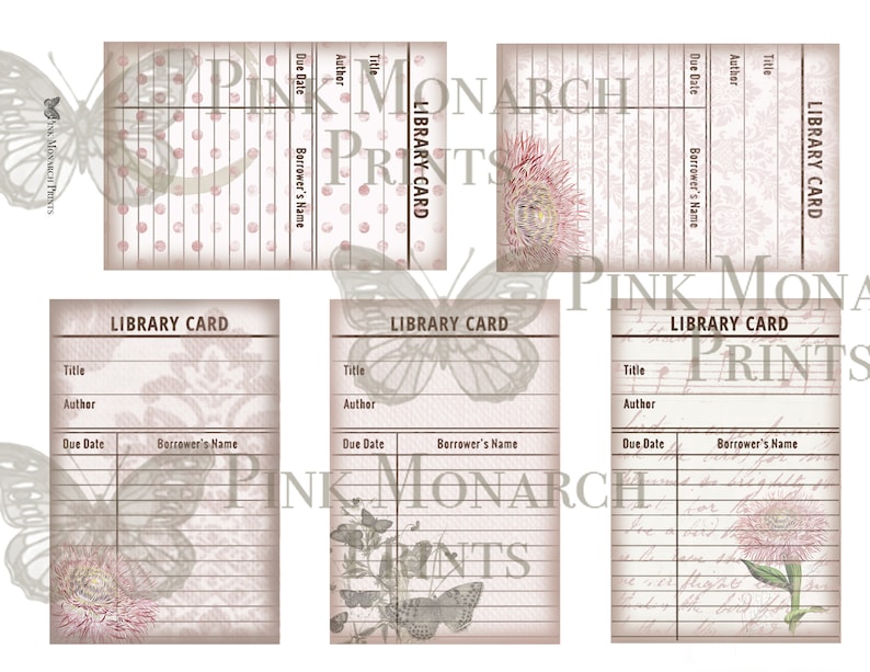 May include: Set of five printable library cards featuring a vintage aesthetic with floral and butterfly designs. The cards have fields for title, author, due date, and borrower's name.