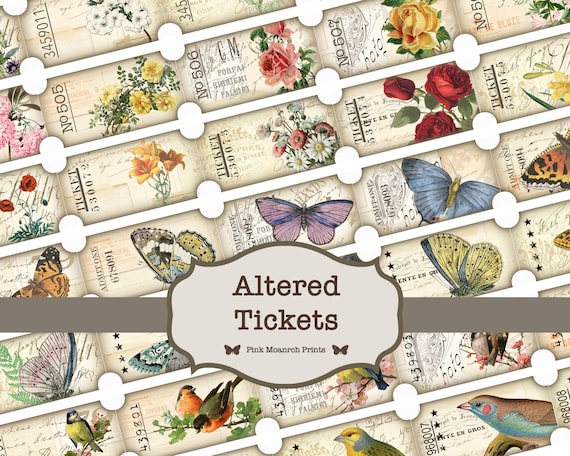 Printable Tickets, Junk Journal Ephemera, Digital Tickets, Butterfly Tickets, Junk Journaling Embellishments, Flower Tickets, Bird Tickets
