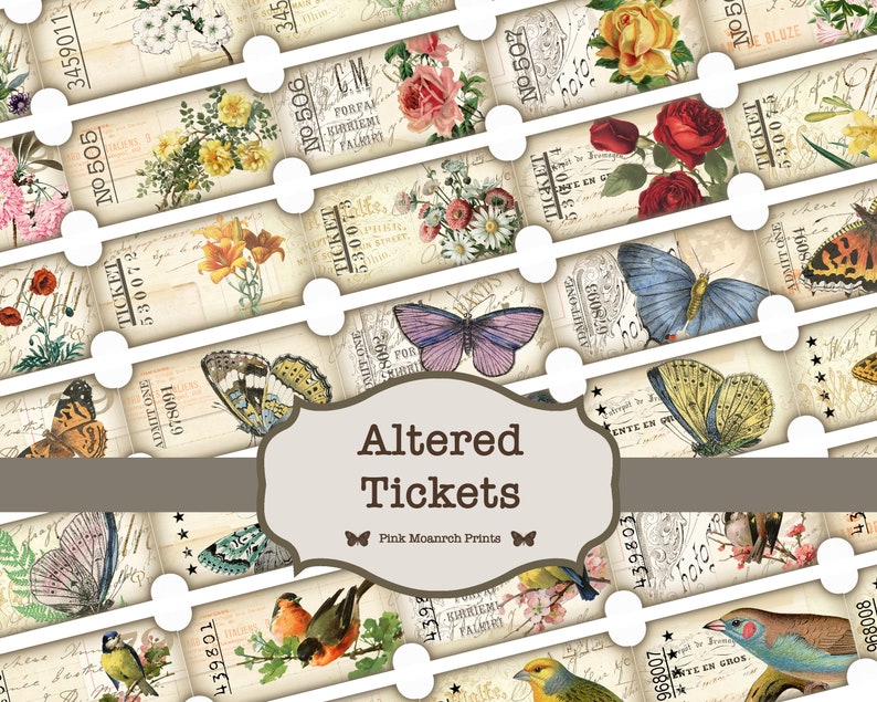 Printable Tickets, Junk Journal Ephemera, Digital Tickets, Butterfly Tickets, Junk Journaling Embellishments, Flower Tickets, Bird Tickets image 1