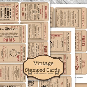 May include: Vintage style paper ephemera cards with text in French, English, and German. The cards feature a variety of designs, including advertisements, notices, and announcements. The cards are printed on a brown paper background with black and red text.