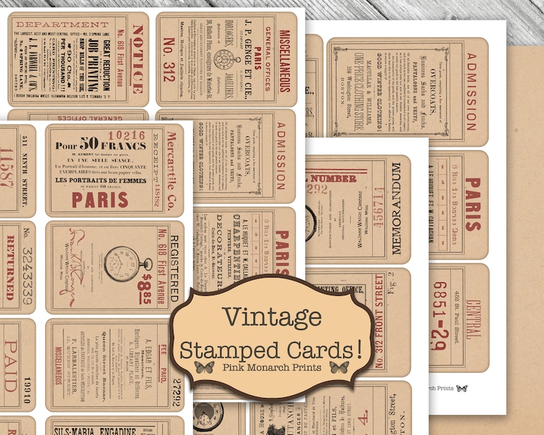 May include: Vintage style paper ephemera cards with text in French, English, and German. The cards feature a variety of designs, including advertisements, notices, and announcements. The cards are printed on a brown paper background with black and red text.