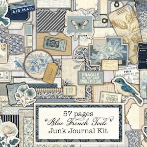 January 2025 Large Kit, Blue French Toile, Digital, Toile Junk Journal, Junk Journal Supplies, Junk Journal Kit, Junk Journaling, Toile