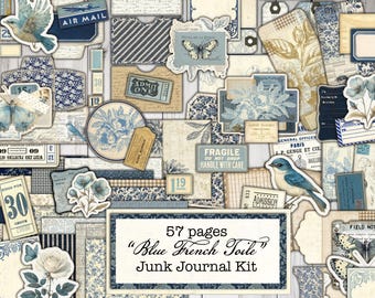 Blue French Toile Junk Journal Kit: 57 Pages, Large Printable Scrapbooking Collection (Digital Download)