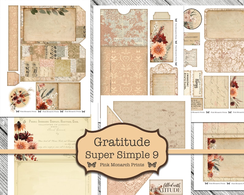 May include: A set of printable digital papers with a vintage aesthetic. The papers feature a variety of designs, including floral patterns, text, and a damask pattern. The papers are perfect for scrapbooking, card making, and other paper crafts. The text on the papers reads "Gratitude Super Simple 9" and "Pink Monarch Prints".