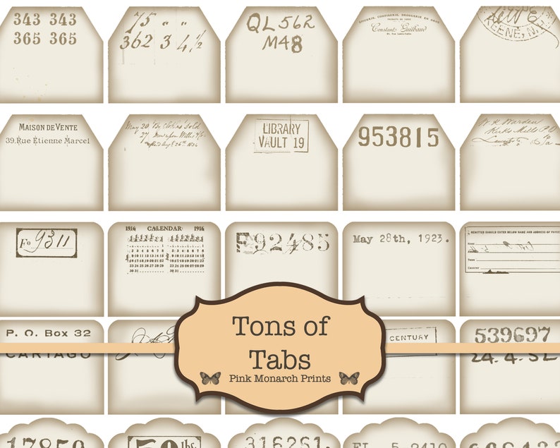 May include: A set of 16 vintage-style printable tags with various text and numbers. The tags are beige with a distressed look and have a brown border. The text on the tags includes "Tons of Tabs", "Pink Monarch Prints", "Library Vault 19", "P.O. Box 32", "Calendar 1916", "May 28th, 1923", "Century", and more.