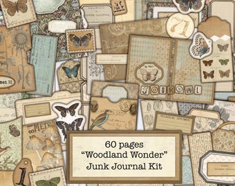 May include: A digital junk journal kit with 60 pages featuring a woodland theme. The kit includes various images, including butterflies, flowers, and botanical illustrations. The text "60 pages "Woodland Wonder" Junk Journal Kit" is displayed on a brown banner.