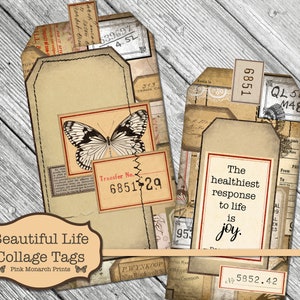 Beautiful Life Collage Tags, Junk Journal Kit, Junk Journaling Digitals, Butterfly Tags, Printable Tags, Junk Journaling Tags, Vintage Label