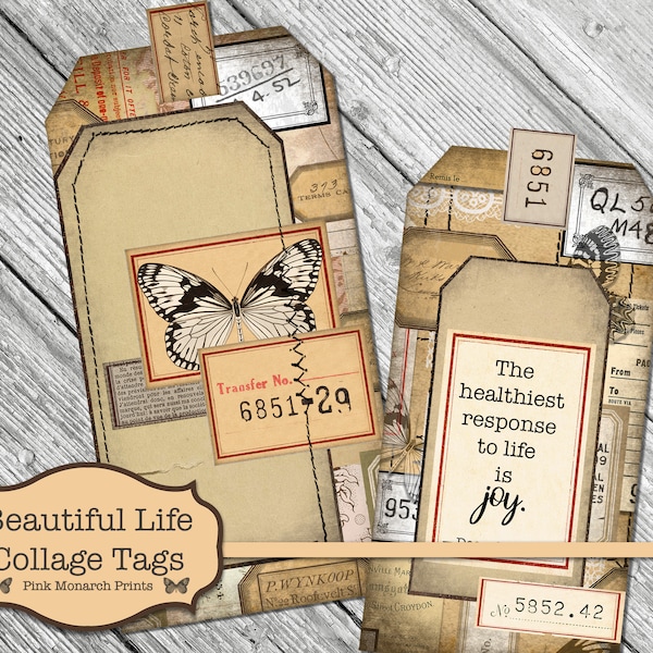 Beautiful Life Collage Tags, Junk Journal Kit, Junk Journaling Digitals, Butterfly Tags, Printable Tags, Junk Journaling Tags, Vintage Label