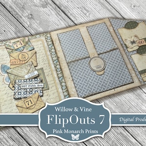 Könnte beinhalten: Ein Scrapbook-Layout im Vintage-Stil mit mehreren Paneelen und Taschen. Das Design zeigt gealterte Papiertapeten, gemusterte Hintergründe und dekorative Elemente wie Umschläge und Etiketten mit Zahlen und Adressen. Der Text "Willow & Vine FlipOuts 7" ist sichtbar.