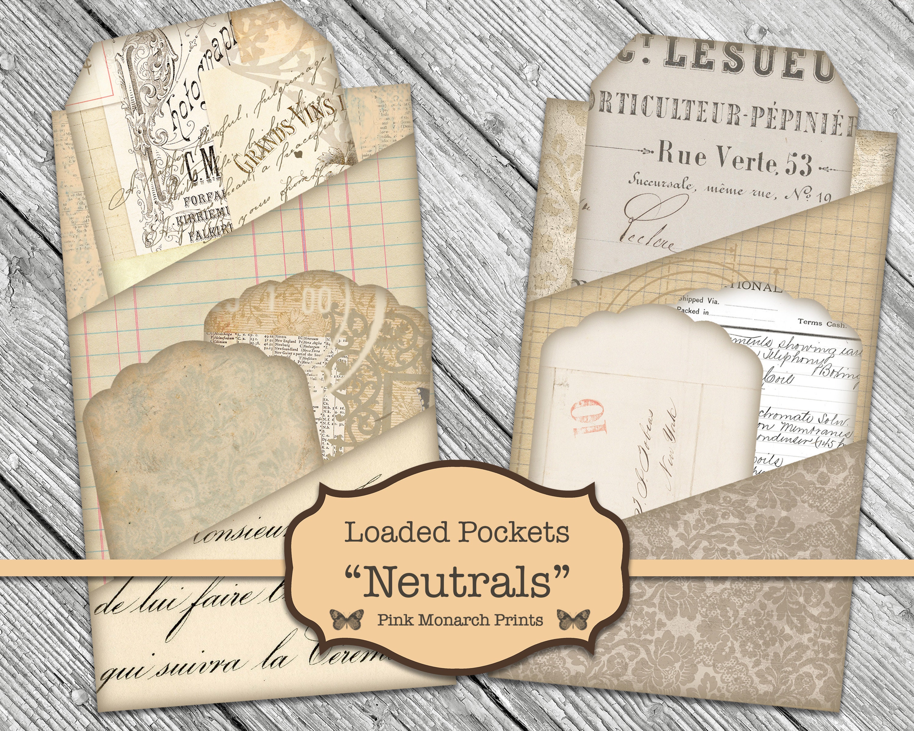 Junk Journal Kit, Junk Journal Pockets, Printable, Neutral