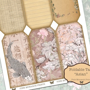 May include: Foldable tags with an Asian theme. The tags feature a variety of designs, including a fish, flowers, and a patterned background. The text "Foldable Tags "Asian" Pink Monarch Prints" is printed on the tags.