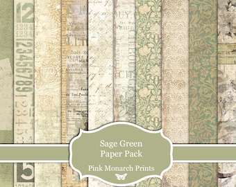 Sage Green Paper Pack, Junk Journal and Scrapbooking Paper (Digital Download)