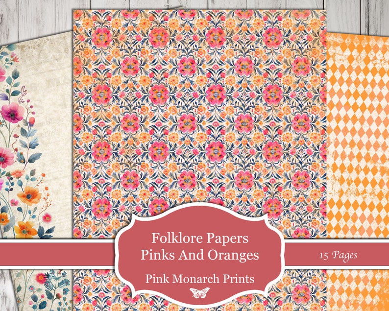 Op de afbeelding: Een digitaal papierpakket met 15 pagina's met bloemmotieven in roze, oranje en wit. De tekst "Folklore Papers Pinks And Oranges Pink Monarch Prints" staat op de voorkant van het pakket.