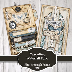 May include: A cascading waterfall folio and a vertical tag featuring vintage-style paper layers, butterfly illustrations, clock motifs, and various printed labels with text including Specimen, 1865, and numbers, all in shades of beige, blue, and black.