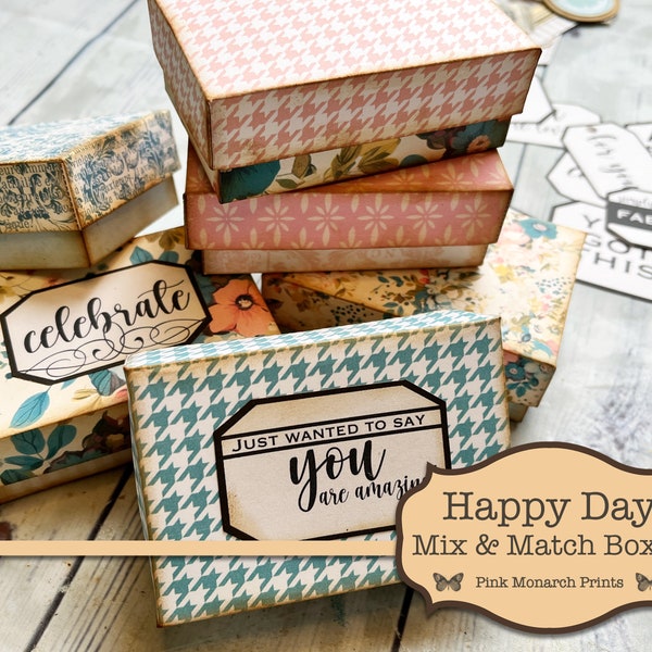 Happy Day Mini Boxes, Fournitures imprimables Junk Journal, Coffrets cadeaux DIY, Junk Journal Ephemera, Téléchargement numérique, Boîtes à imprimer et à fabriquer