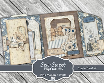 Sew Sweet FlipOuts #6, Junk Journaling Mini Folio, Page Idea, Kit, Pink Monarch Prints, Digital Kit