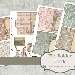 May include: File folder cards with a vintage Japanese theme. The cards feature floral patterns, Japanese characters, and illustrations of geishas and landscapes. The color palette includes pink, green, and beige tones. The text "File Folder Cards" and "Pink Monarch Prints" are visible.