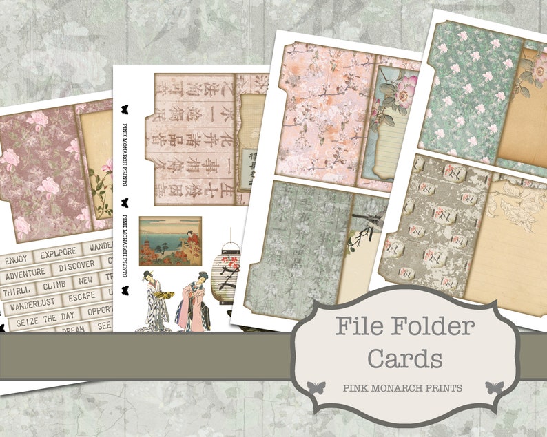 May include: File folder cards with a vintage Japanese theme. The cards feature floral patterns, Japanese characters, and illustrations of geishas and landscapes. The color palette includes pink, green, and beige tones. The text "File Folder Cards" and "Pink Monarch Prints" are visible.