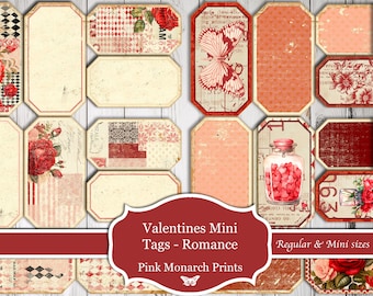 Op de afbeelding: Een set printbare Valentijnsdag-cadeauetiketten met een romantisch thema. De etiketten zijn in verschillende kleuren, waaronder rood, roze en wit, en bevatten ontwerpen zoals harten, bloemen en vlinders. De tekst "Valentines Mini Tags - Romance" en "Pink Monarch Prints" is op de etiketten opgenomen.