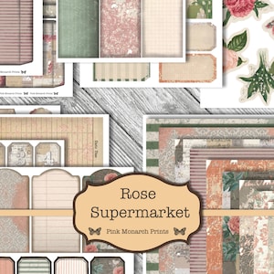 Rose Supermarket Set, Junk Journal Kit Printable, Junk Journal Kit, Junk Journaling Digital Paper, Shabby Chic Junk Journal, Digital, Vintag