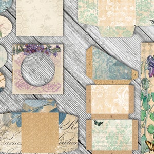 May include: A set of printable vintage style scrapbook paper with floral and geometric patterns. The paper is beige with blue, green, and pink accents. The paper is perfect for crafting, scrapbooking, and card making.